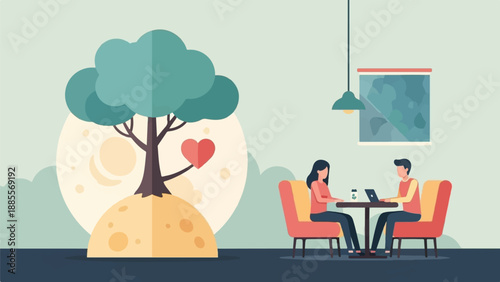 Couple at cafe table with laptop next to surreal tree and moon