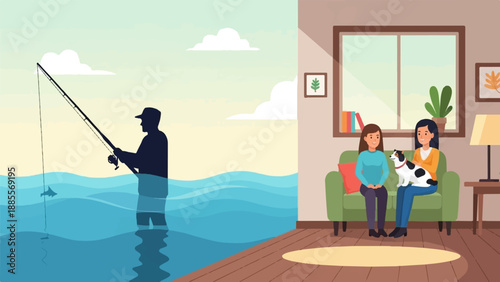 Contrast between outdoor fishing and indoor relaxation with a pet