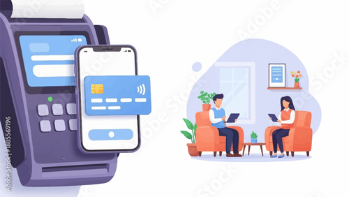 Contactless payment via mobile device, people interacting with technology