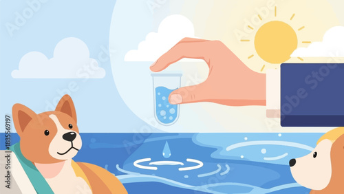 Corgis enjoying a sunny day by testing pool water with a science experiment