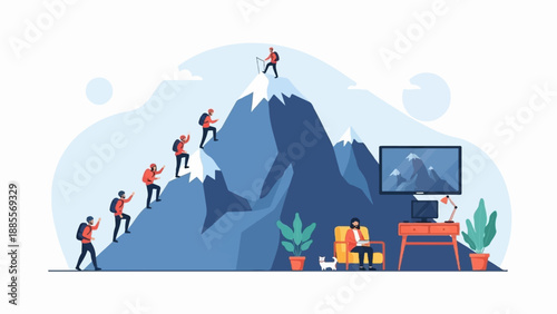 Climbers ascend mountain, while person relaxes indoors with tech