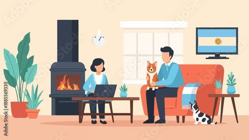 Couple and pets relaxing at home with a fireplace and TV displaying national flag