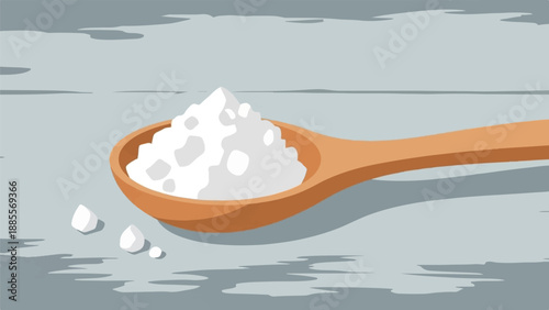Close up of a wooden spoon filled with white powder and spilled granules