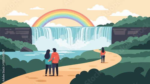 Couple and solo walker admire rainbow over expansive waterfall
