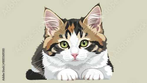 Close-up digital illustration of a fluffy calico kitten with bright green eyes