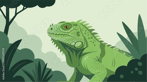 Close-up of a green iguana with textured scales, surrounded by lush foliage and soft clouds