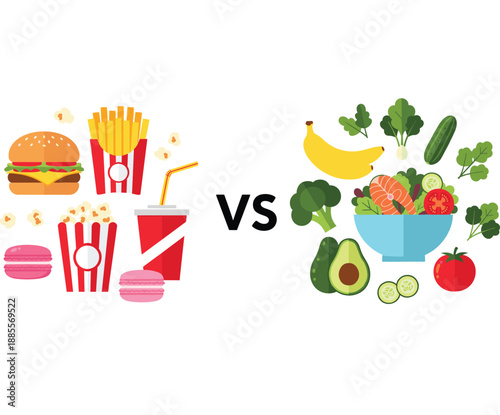Flat vector illustration comparing healthy and unhealthy food choices featuring junk food like burgers, fries, and soda versus fresh fruits, vegetables, and a salad bowl.