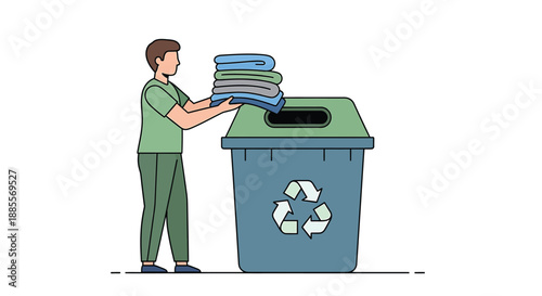Man Recycling Clothes and Textiles into Recycle Bin, Sustainability Concept