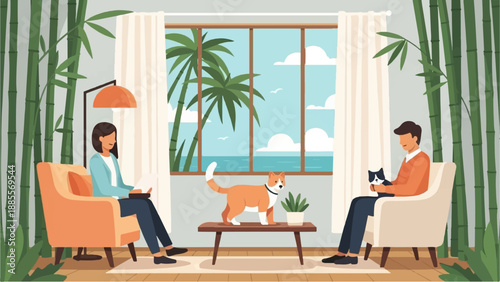 Couple and pets relax indoors with ocean view