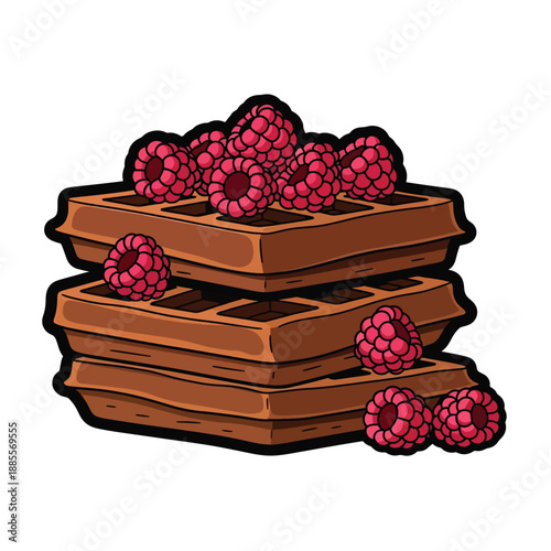A stack of chocolate waffles with raspberries on top