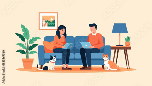 Couple relaxing on sofa with pets and plants, digital illustration