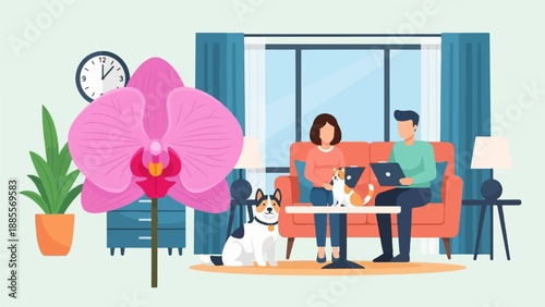 Couple and pets relax indoors near a large pink orchid plant