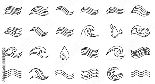 Diverse Vector Collection of Stylized Water Waves and Droplet Icons, Featuring Simple Line Art for Ocean, Sea, Liquid, and Nature-Themed Graphic Design Elements