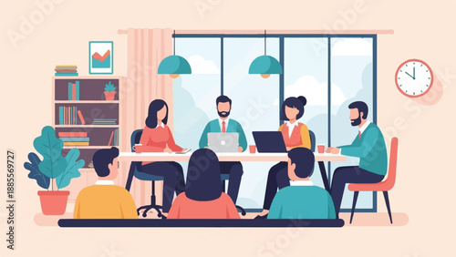 Colleagues collaborate around a table in a modern office with large windows and plants