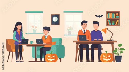 Colleagues collaborate and celebrate Halloween at work, working on laptops