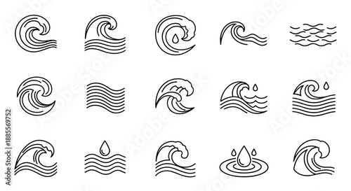 Set of stylized line art wave icons representing different forms of water movement in the ocean and rivers