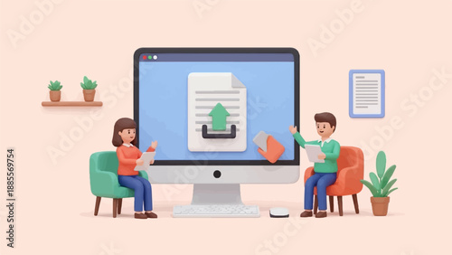 Colleagues collaborate on a digital document upload project