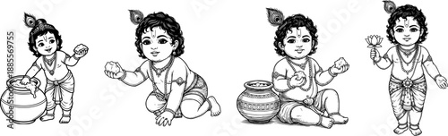 Cute Little Lord Krishna collection set with lotus flower and butter pot (matka), Bal Krishna crawling and sitting black and white line art vector for Janmashtami festival and coloring page