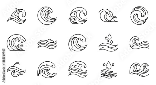 Collection of Stylized Wave Icons Representing Water Movement and Nature's Power