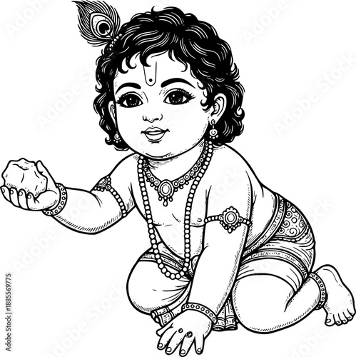 Cute Little Lord Krishna holding butter (Makhan) in his hand black and white vector illustration, Bal Krishna eating makhan line art for Janmashtami festival and coloring page