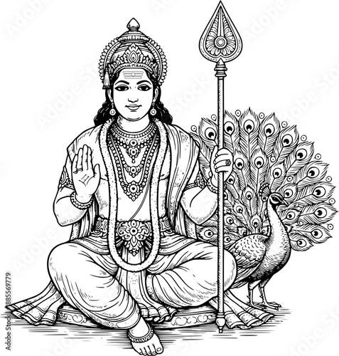 Lord Murugan vector illustration in detailed black and white line art style, seated in a calm blessing posture while holding the sacred Vel spear, accompanied by his divine peacock vahana