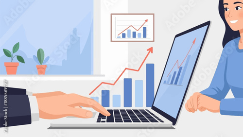 Colleagues collaborate on a laptop displaying a rising business graph