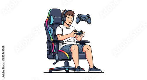 Teenage Gamer Sitting in Ergonomic RGB Gaming Chair Playing Video Games with Controller