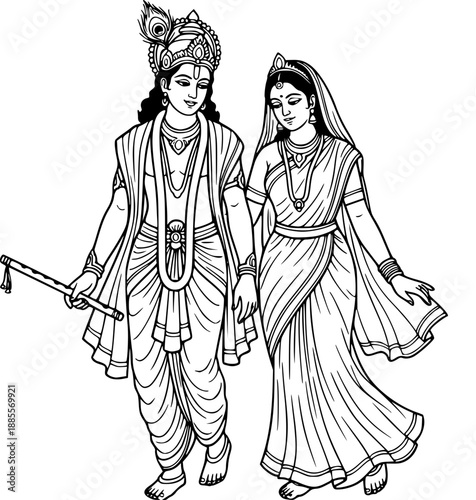 Radha Krishna vector illustration in detailed black and white line art style, depicting Lord Krishna and Radha walking together in a graceful and harmonious pose