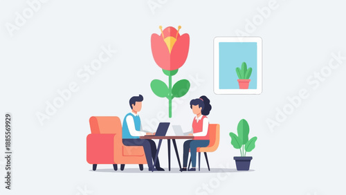 Colleagues collaborating on laptops in a bright, plant-filled office space