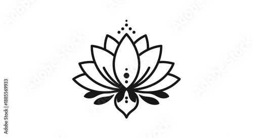 Elegant black and white lotus flower illustration with intricate details, symbolizing purity, beauty, and spiritual growth in a minimalist design