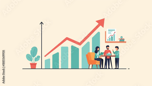 Colleagues discuss growth chart at office with plant, desk, and success graph