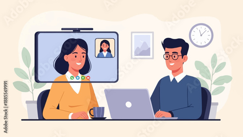 Colleagues interact via video call in a modern office setting