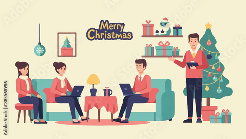 Colleagues work on laptops at home decorated for Christmas, with gifts