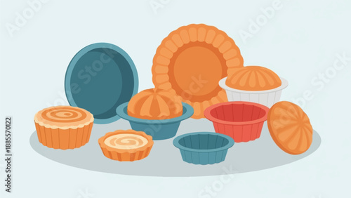 Collection of baking molds and pastries in vibrant colors