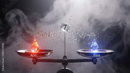 Balance scale weighing acid and base liquids in glass bowls with fiery and icy droplets on a dramatic cloudy background
