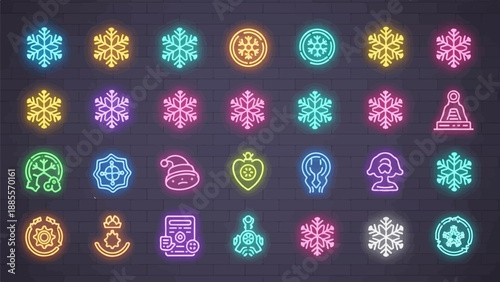 Collection of colorful neon snowflake and winter holiday icons on brick