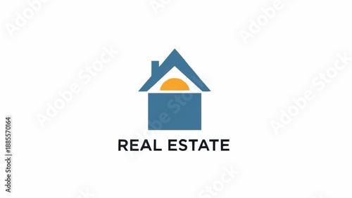 Simple Blue House Icon with Sun and Text Real Estate.