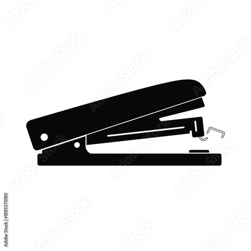 Simple black and white illustration of a classic office stapler with staple