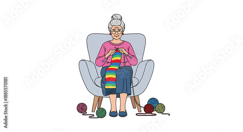 Happy Grandmother Knitting Rainbow Scarf While Sitting in Armchair, Hobby, Craft
