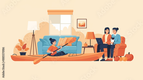 Cozy autumn indoor scene with kayaking, laptop use, and pets