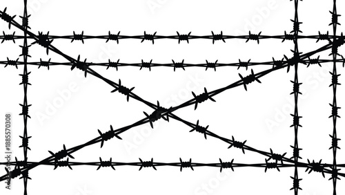 Crossed barbed wire fence illustration, forbidden security barrier frame, restricted area warning symbol, danger protection concept, monochrome vector graphic