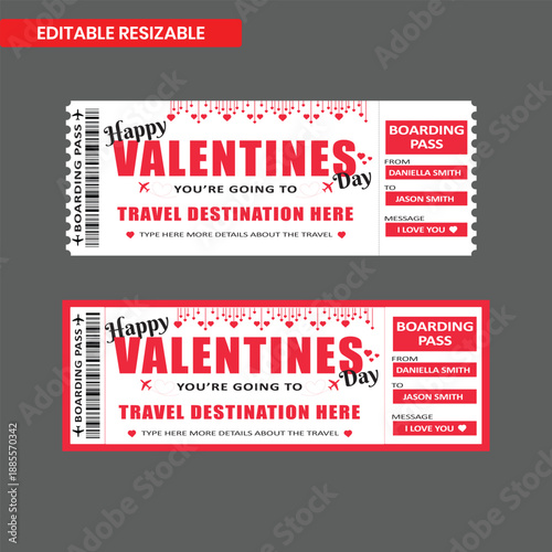 Valentine’s Day Travel Boarding Pass Ticket Template, Romantic Surprise Trip Gift, Editable Vector Design
