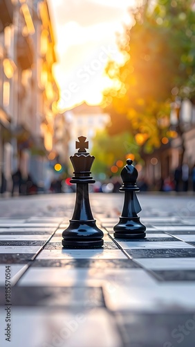 Black chess pieces, king and bishop, stand on a board set on a street at sunset