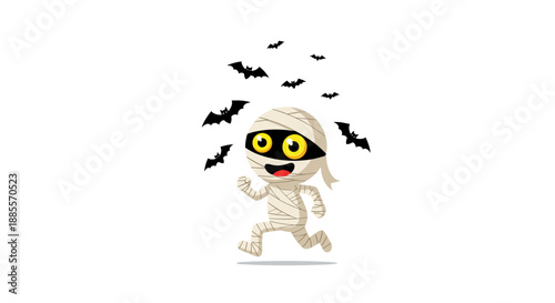 Small cartoon mummy runs excitedly on a white background as several black bats fly above its head in the sky.