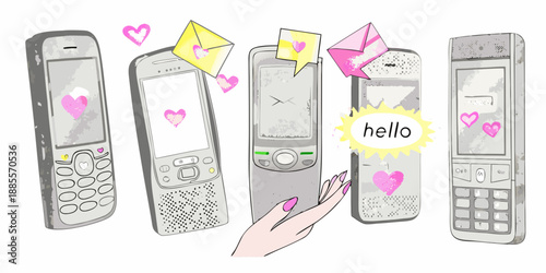 Vintage mobile phones hearts and letters a playful nostalgic communication scene