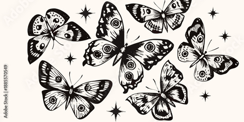 Detailed illustration of multiple black butterflies with ornate eye patterns and stars