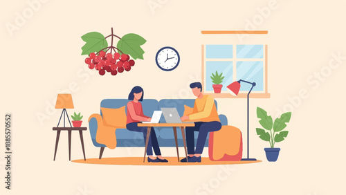 Couple working on laptops at home, surrounded by plants and berries