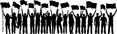 Crowd silhouettes raising flags symbolizing unity, activism, democracy, freedom, people power, political movement, social protest, public demonstration, gn background