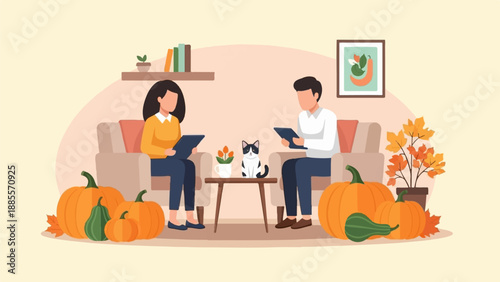 Cozy autumnal scene with two people, a cat, and pumpkins
