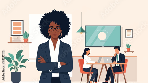 Confident woman leads office team meeting with diverse colleagues